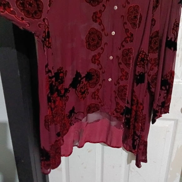 Citron Sz. 4X Rayon & Silk Mix Burgundy Velvet Burnout Button Down Tunic Blouse - Picture 7 of 16